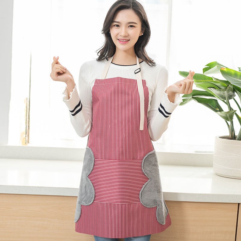 Delantal de cocina tela de lana de Coral borrable a mano y tela Oxford impermeable babero de estilo japonés a rayas para la limpieza del hogar: Rojo