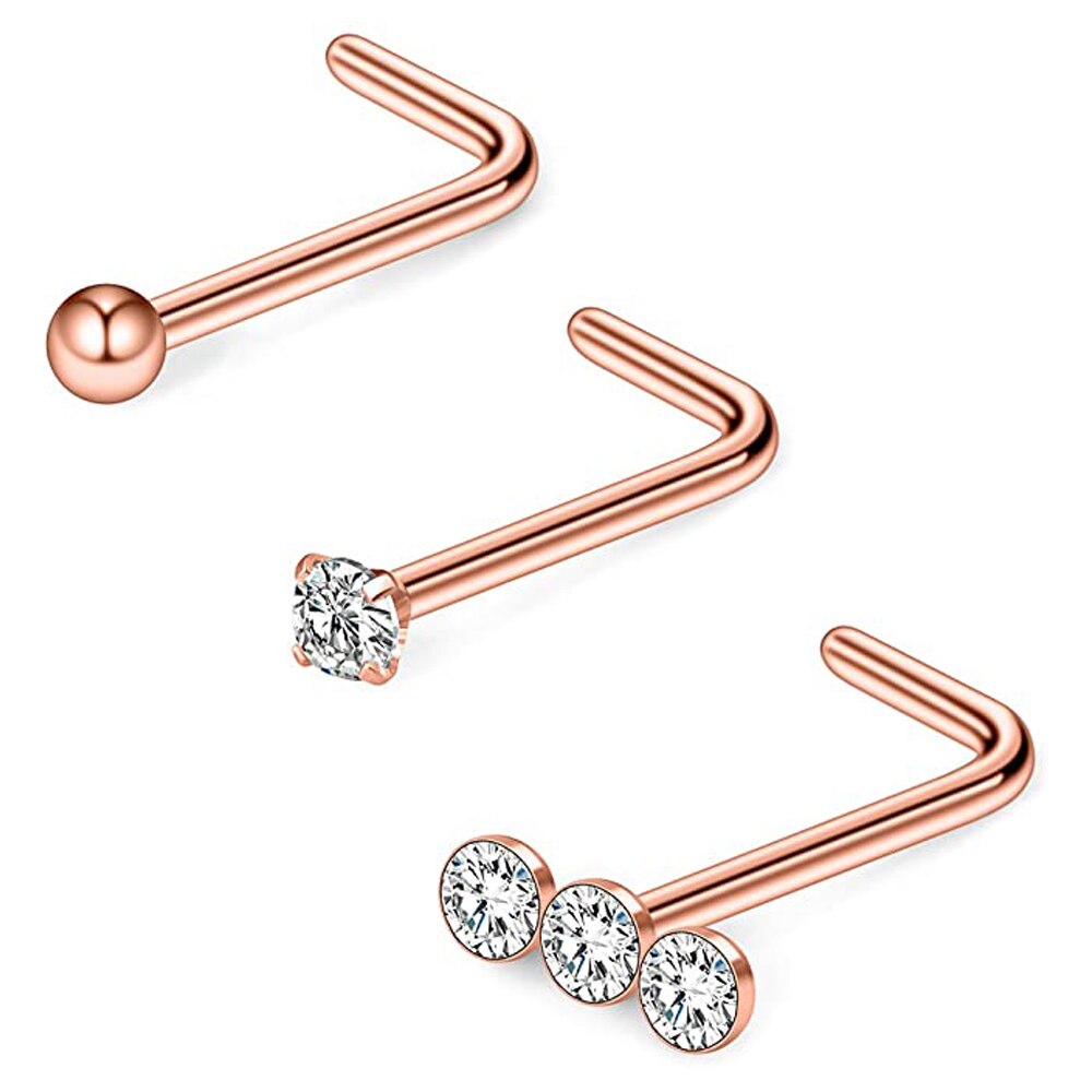Piercing de acero quirúrgico, 3 piezas, 20G, Bola de Gema lineal Triple, Diamante redondo, CZ, para nariz, joyería en forma de L