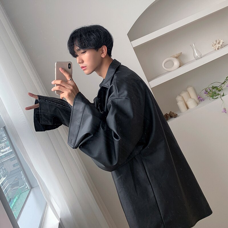 Iefb / herrkläder koreansk svart mjuk pu läderkläder snygg oversize jacka manlig höst singelbryst 9 y 3907