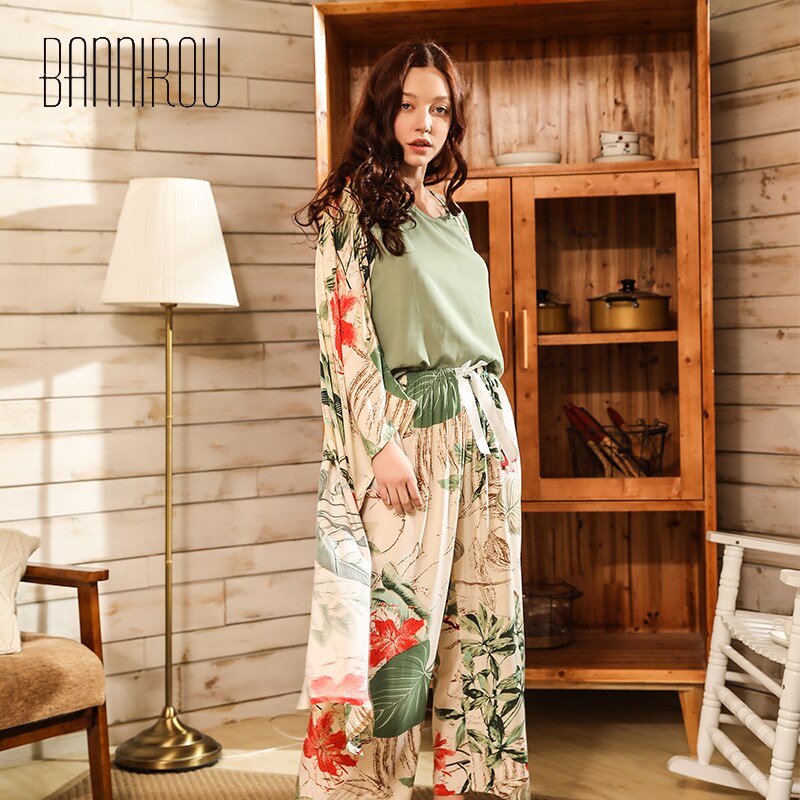 BANNIROU Autumn Women Pyjamas Sets Printed Pajamas Set Viscose Floral Spring Night Suits Home Wear Female Pajamas Sets 4 Pcs