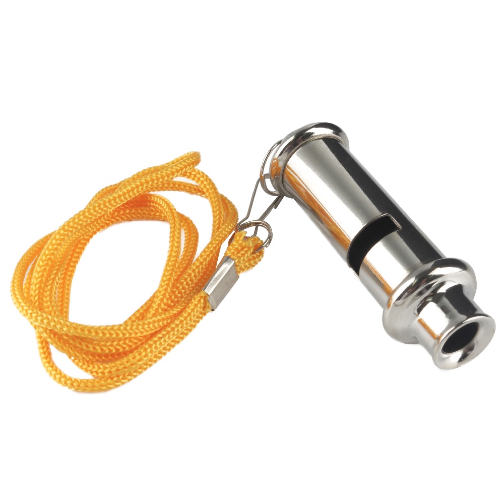 Con cadena para el cuello, silbato de Metal, cordón amarillo de acero inoxidable, silbato de policía, silbato para exteriores de alta frecuencia