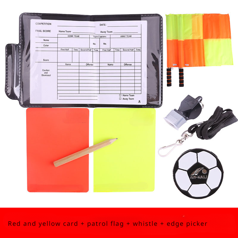 Jeu de cartes d'arbitre de football, drapeau de patrouille d'arbitre, carte rouge et jaune avec crayon, carte d'avertissement de football et cueilleur de bord