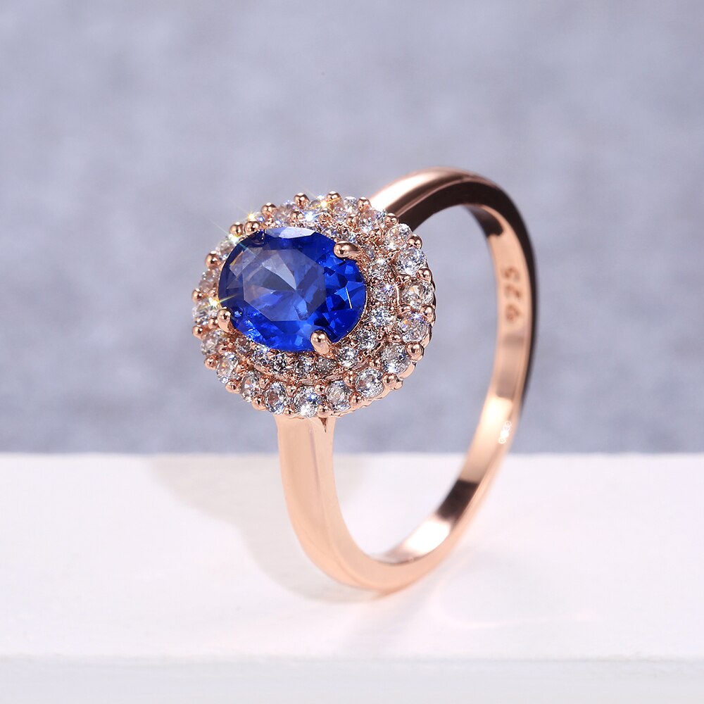 Huitan Oval Deep Blue Stone Women Wedding Bridal Rings Rose gold Color Gorgeous Engage Ring Mother’s Noble Jewelry