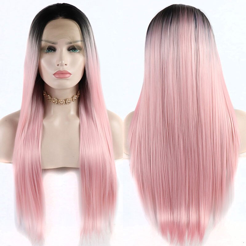 Bombshell sort ombre pink lige syntetisk blonde front paryk varmebestandigt fiber hår naturlig hårgrænse midterskilning til kvinder