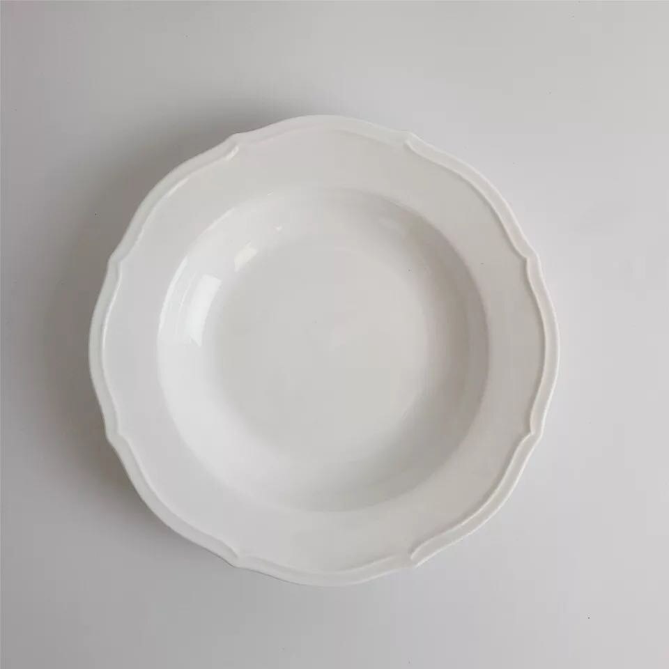 Pure White French Retro Lace Embossed Dinner Plate Simple Ceramic Disc Salad Cereal Breakfast Soup Bowl Kitchen Cheese: 8 inch soup plate
