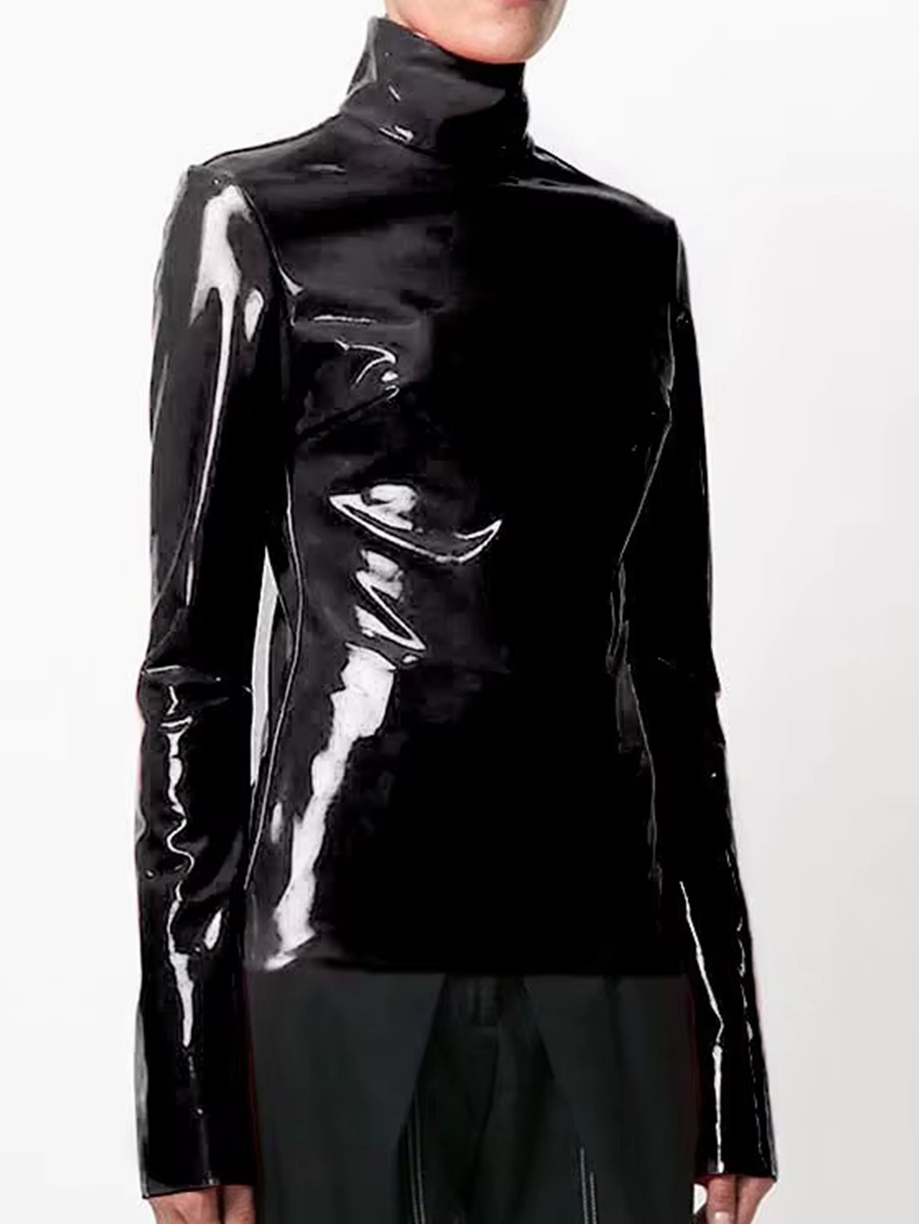 Kvinder vintage latex læder toppe med høj hals sort highstreet turtleneck varm pullover langærmet rød pu lynlås t-shirt brugerdefineret