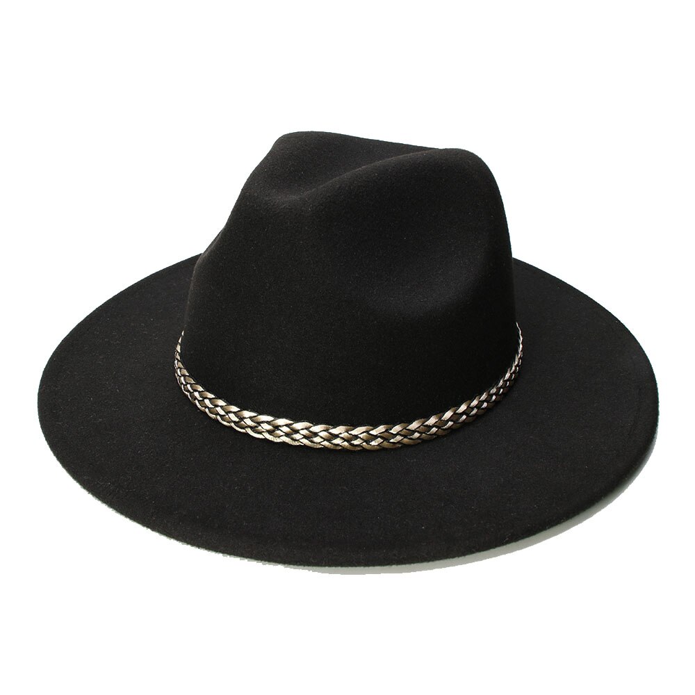 LUCKYLIANJI-gorro de ala ancha para niño, sombrero de ala ancha de lana Retro, Panamá, Jazz, banda de punto Champán (54cm/ajustado): Negro