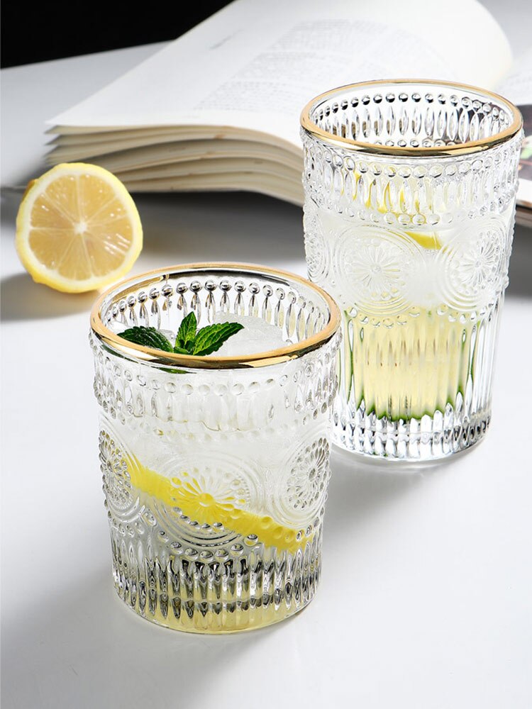 Tableware Crystal Whiskey Glass Cup Relief Glass Cup Juice Cup With Gloden Edge Thickened Water Cup Wine Cup Glass Party Use