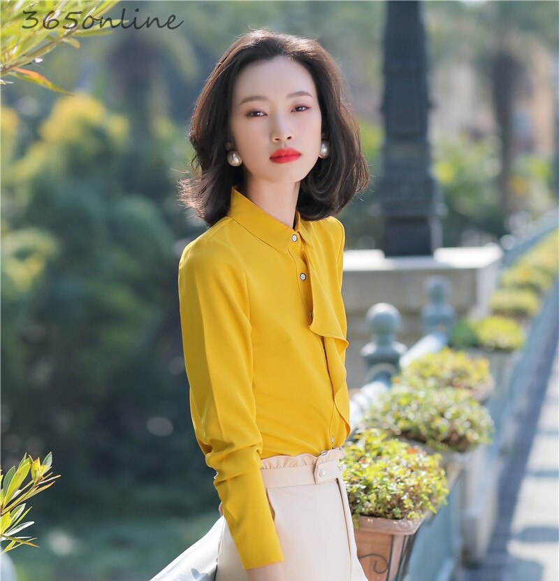 Yellow Styles Spring Summer Blouses Shirts for Women Business Work Wear Long Sleeve Chiffon Blouse Tops Clothes