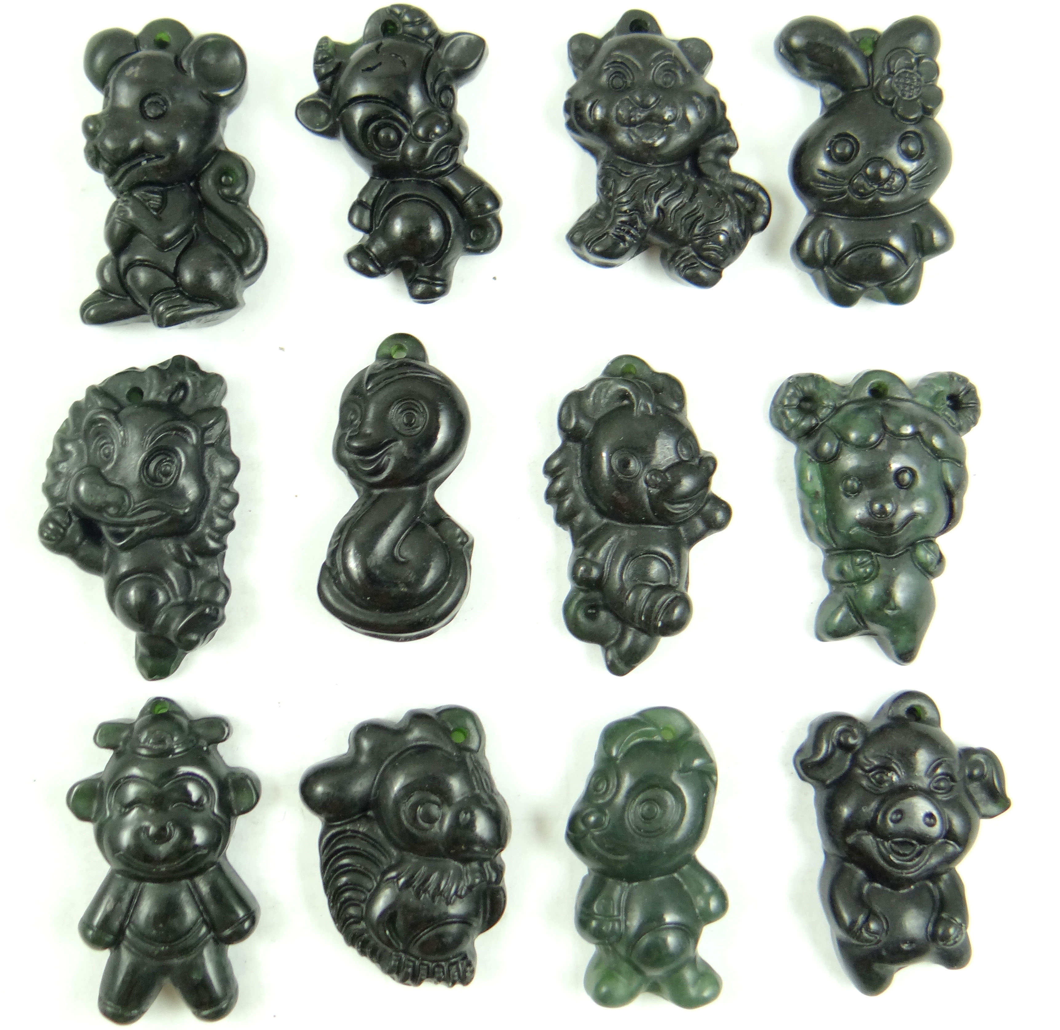 Unique Natural stone black green jades hand-carved Three-dimensional 12 Zodiac signs pendant Gems jewelry Making necklace 1pcs