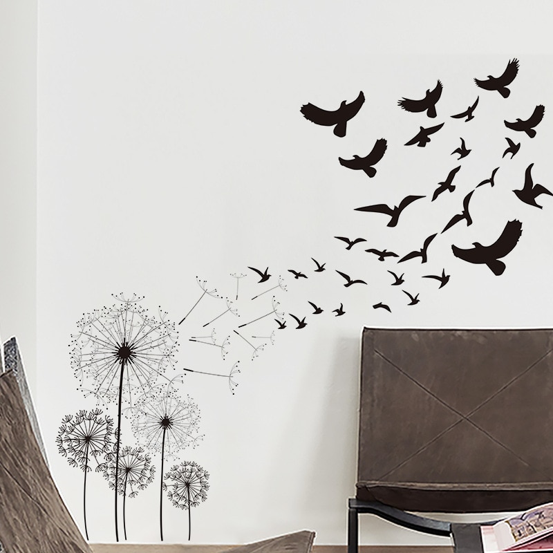 Autocollant mural de pissenlit en forme d'oiseau, , décoration pour le salon, l'arrière-plan du canapé, la chambre à coucher