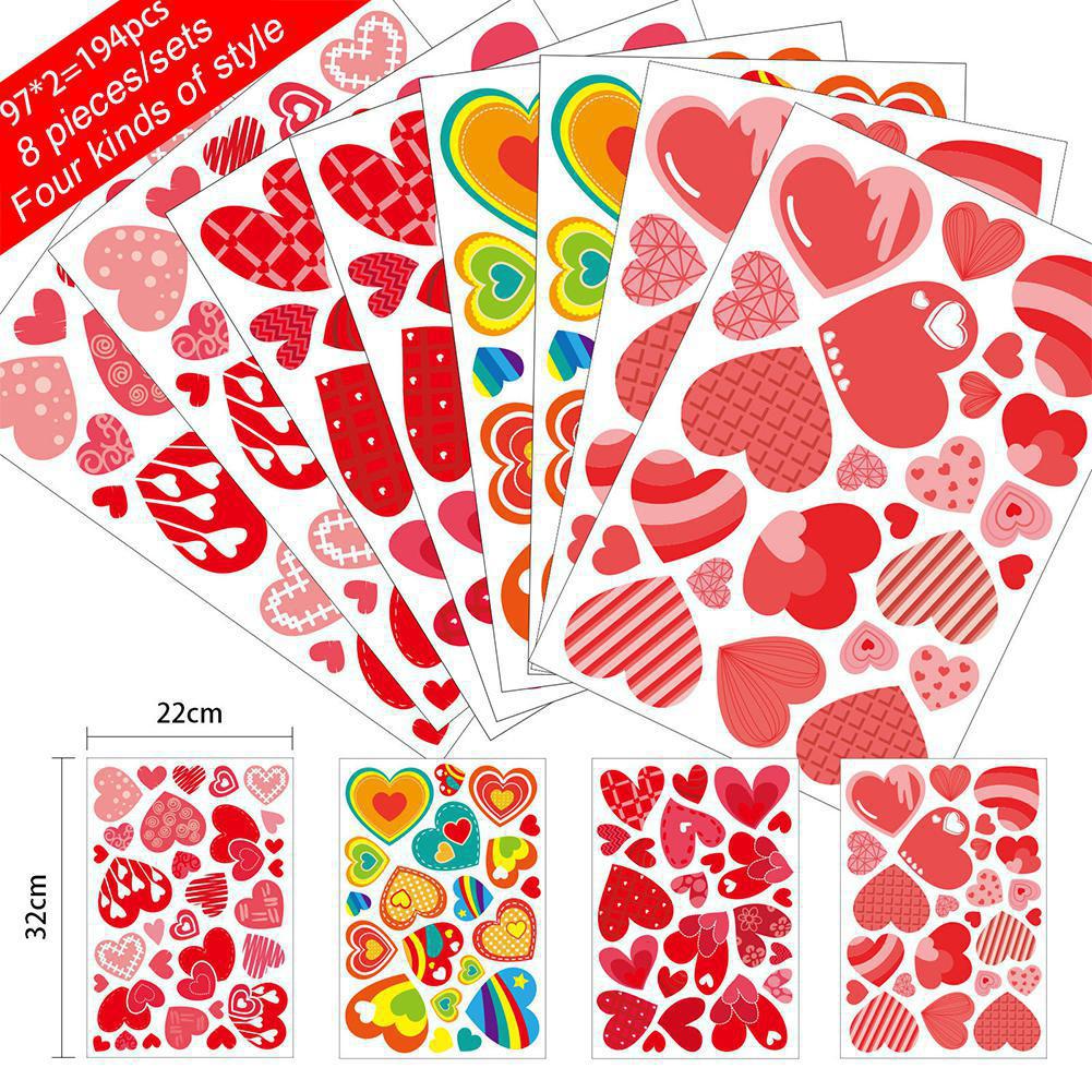 194pcs Valentine Day Heart-shaped Glass Window Decal Non-adhesive Electrostatic Window Clings Decorations: Default Title