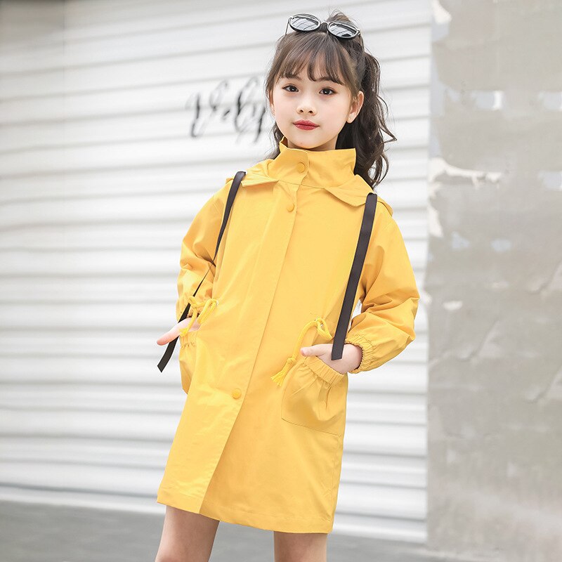 Autumn girls trench coat for kids clothes children clothing hooded solid outerwear girls clothes windbreaker 4-15Y: Yellow / 4T