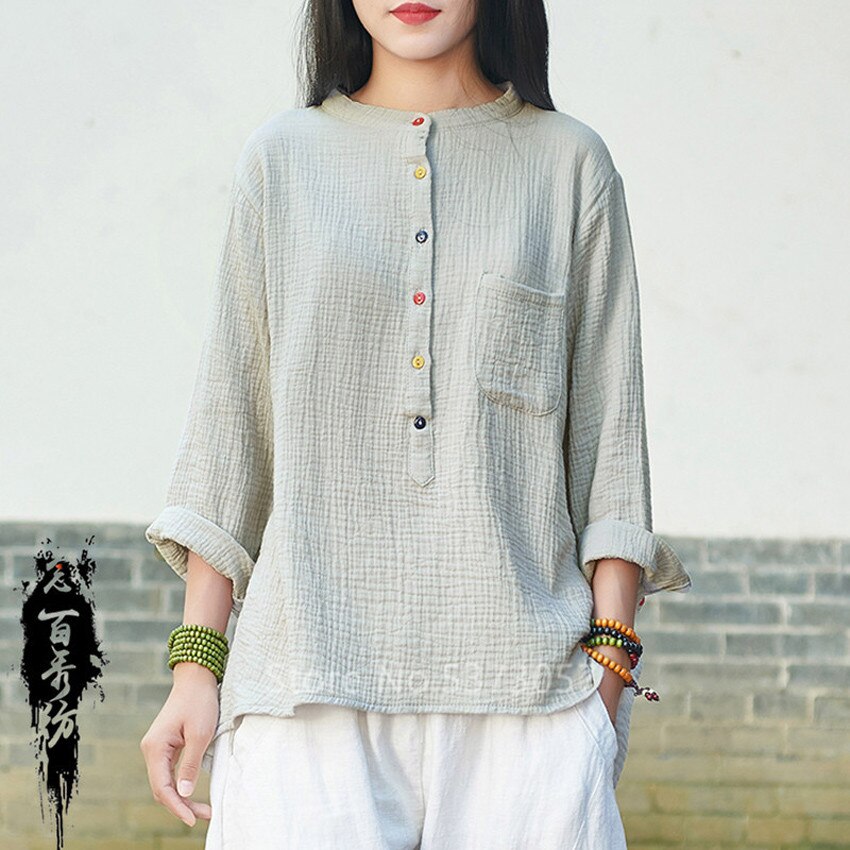 Camisa de lino de estilo chino para mujer, Blusa de algodón estilo Vintage Retro, traje Tang de Tai Chi con cuello redondo, transpirable, suave e informal