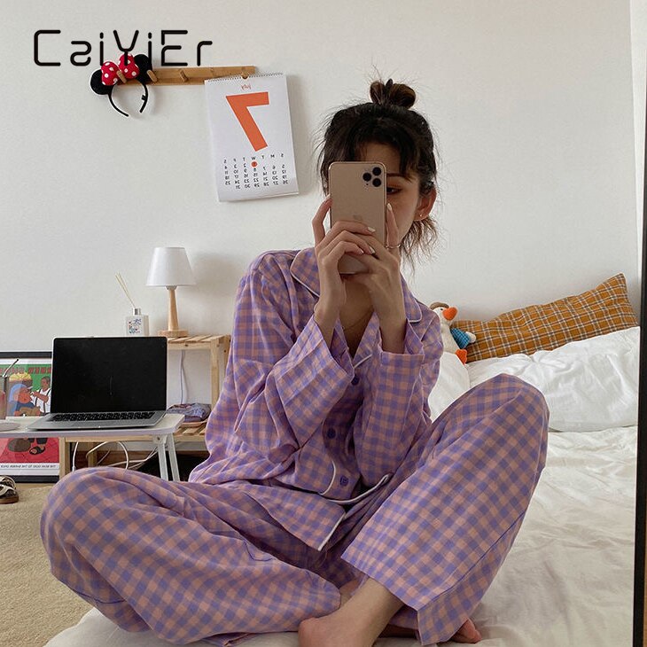 CAIYIER-Conjunto de pijama de rejilla verde para mujer, ropa de dormir holgada de estilo coreano, pantalón de cintura elástica, ropa de dormir para el hogar, primavera e invierno