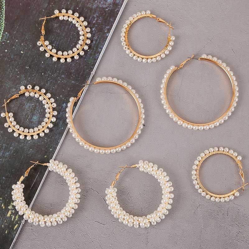 Klassieke Parel Hoepel Oorbellen Voor Vrouwen Trendy Ronde Handgemaakte Kralen Cirkel Oorbel Dames Party Verklaring Sieraden