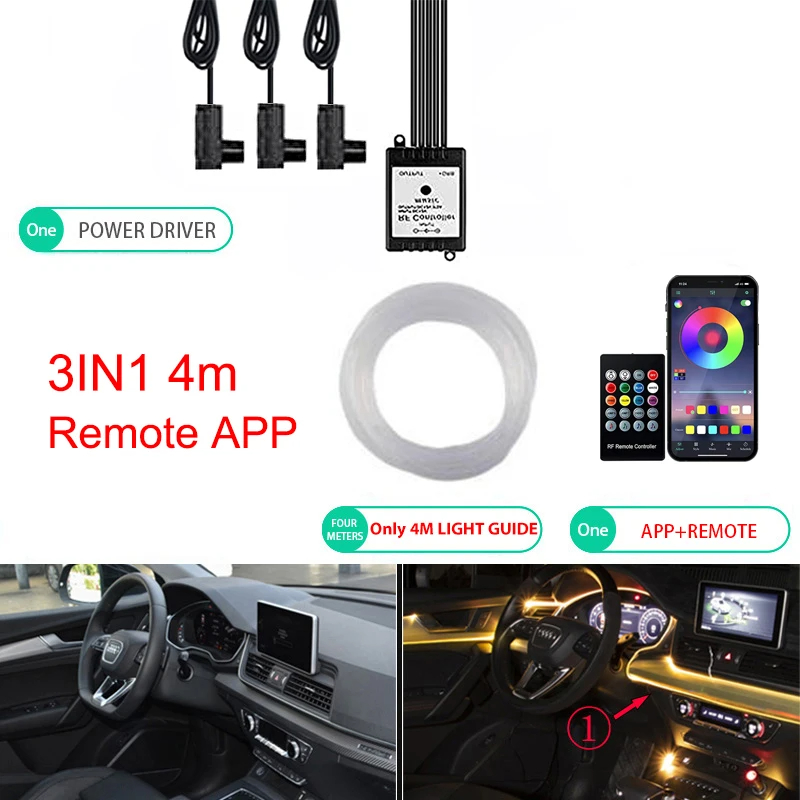 Iluminación LED ambiental de neón para coche, 6 en 1, 8m, RGB, tira de luz Interior de ambiente, Control por aplicación de fibra óptica, Lámpara decorativa LED automática: Rojo / changeable
