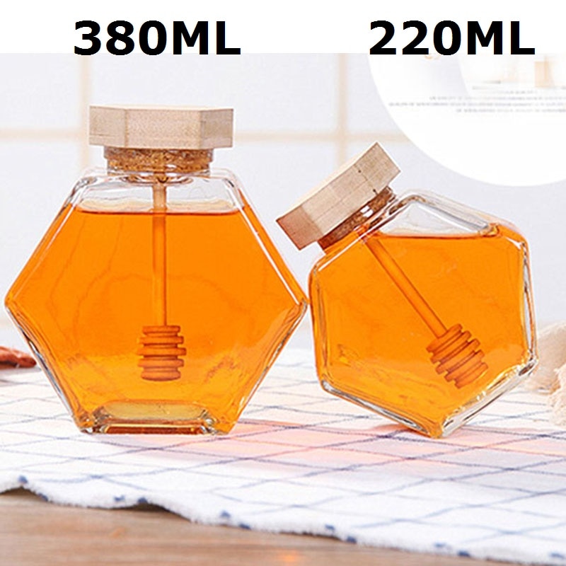 Glass Honey Jar for 220ML/380ML Mini Small Honey Bottle Container Pot With Wooden Honey Stick Spoon