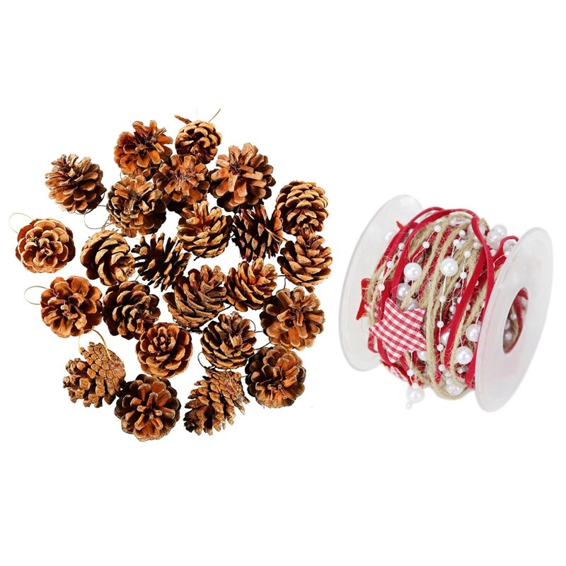 24 Stuks Dennenappels Ornament Natuurlijke Dennenappels Met String Hanger Ambachten & 1x Kerst Handgemaakte Vijfhoekige Ster Bead Chain Ri