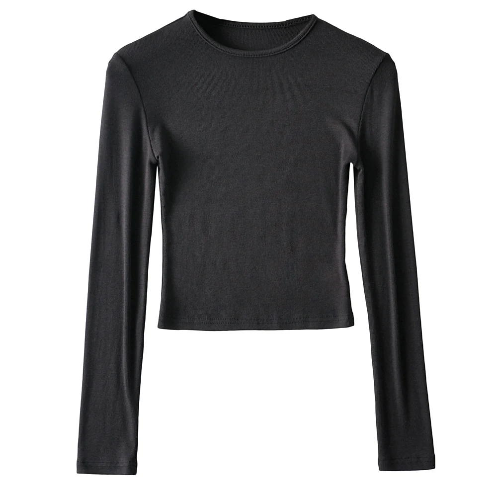 O-hals ensfarvede kvinder langærmede korte toppe sexet pullover bundbluser t-shirt crop top: M / Sort