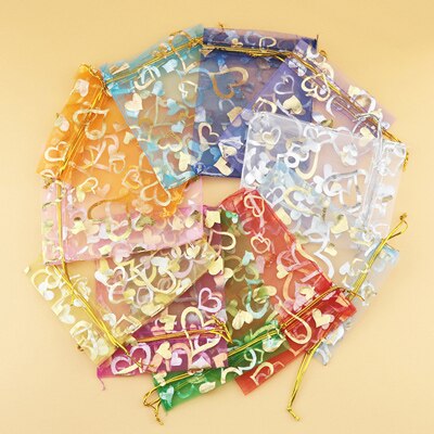 Bolsas pequeñas de Organza para decoración de bodas, embalaje de joyería, dulces de Chocolate, bolsa de con de corazones de Navidad, 100 Uds.: 10x12cm / Mixed Color