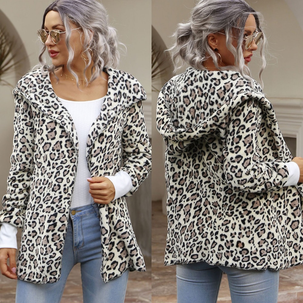 Leopard Print Hooded Cardigan Tops For Women Woolen Long Cardigan Women Open Stitch Tops