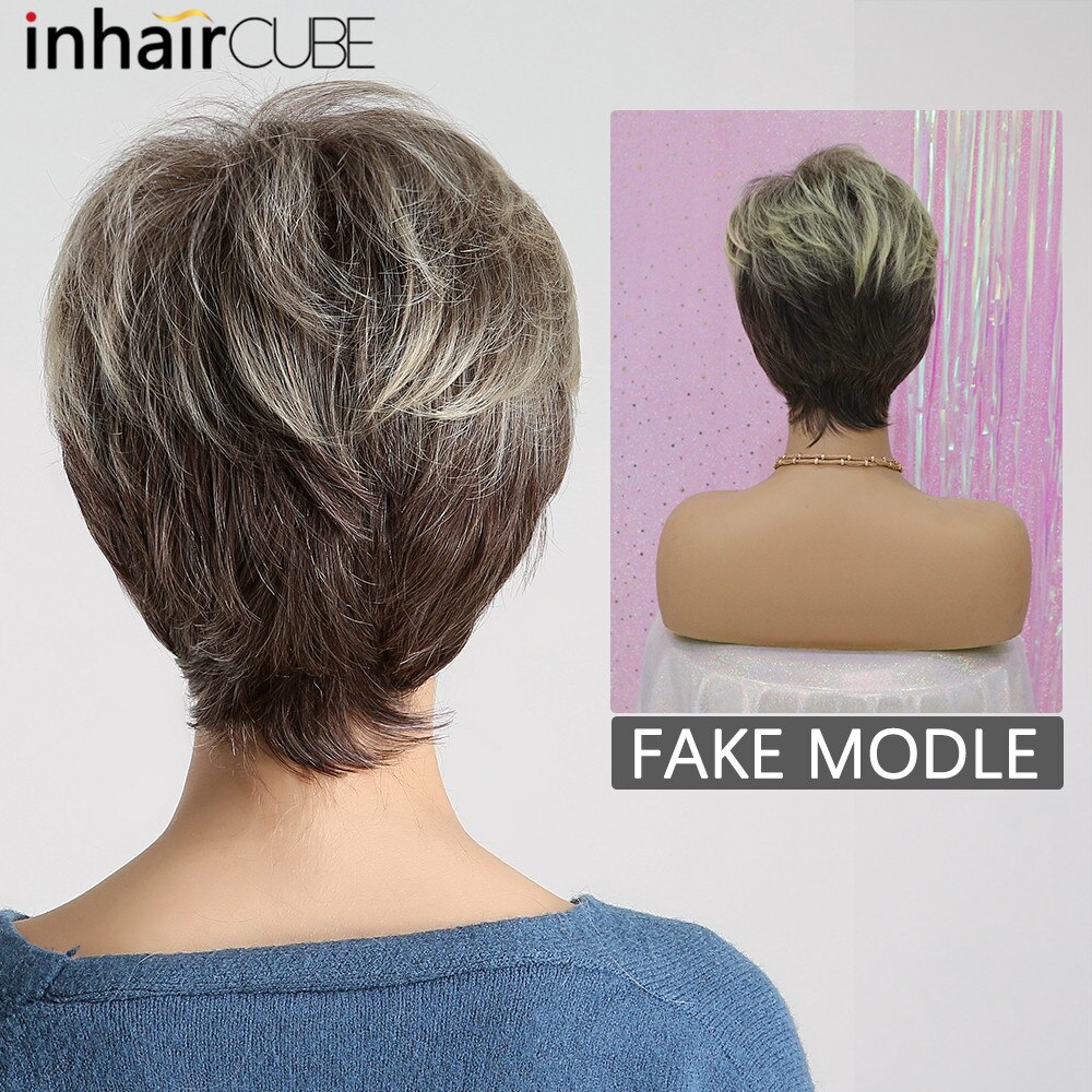 Inhaircube skulder syntetisk skrå pandehår kvinder fluffy naturlig paryk lysebrun kort glat hår bob limfri festparyk