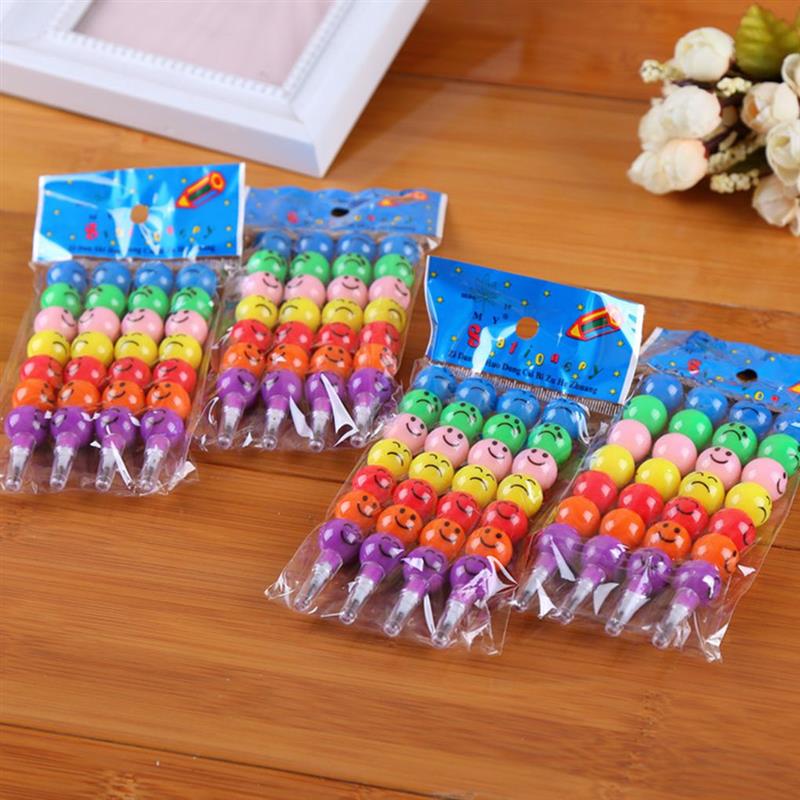 7 Colors Cartoon Face Print Pencils Lovely Round Graffiti Pen Stationery For Kids Wax Crayon Pencil