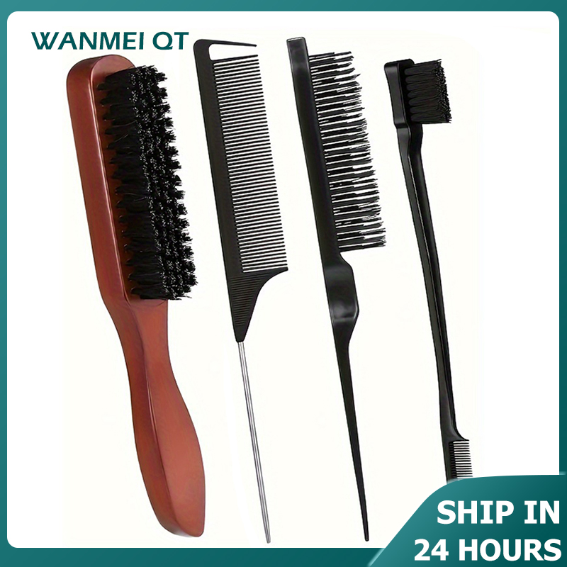 Juego de cepillos para el cabello con cerdas de jabalí de 4/5 piezas, kit de peinado con control de bordes unisex para untar y alisar la espalda, cabello rizado y normal