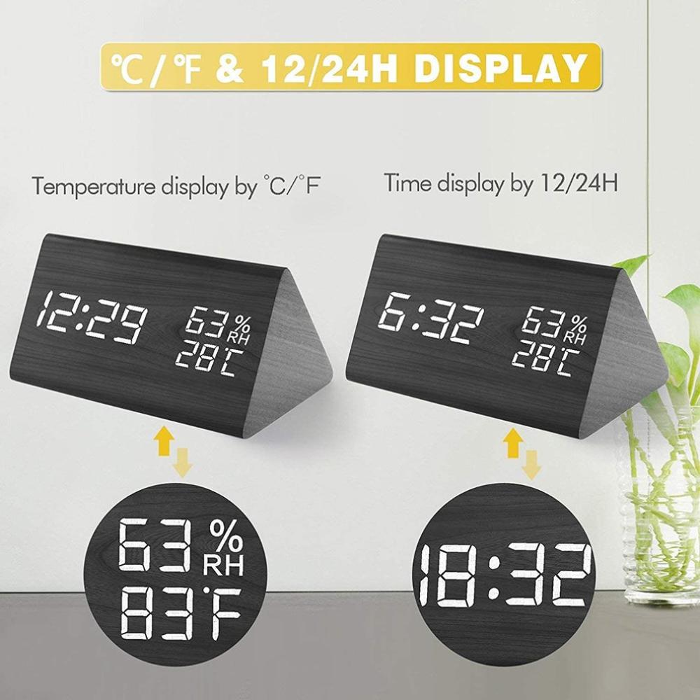 Reloj despertador de humedad y temperatura, reloj Digital triangular para habitación de bebé, de madera, silencioso, luminoso, Led, electrónico