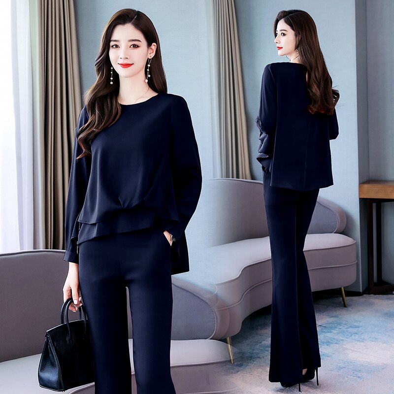 Autumn Spring style office lady long sleeve loose shirt blouse tops and long pants trousers suit female two pieces sets: Navy Blue / M