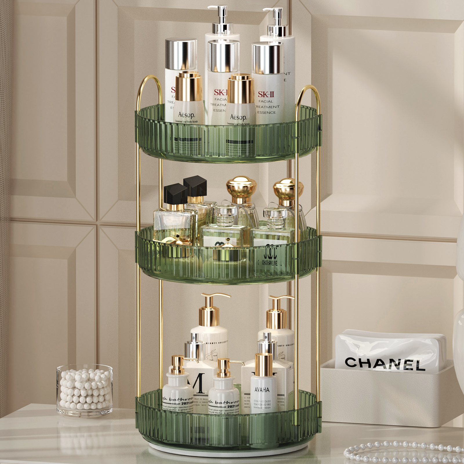 Rotating Makeup Organizer for Vanity 3 Tier Skincare Organizers Large Storage Bathroom Countertop Clear Cosmetic Holder Dresser: green