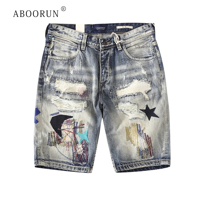 Aboorun hi street mænds flået denim shorts distressed pentagram broderi jeans shorts sommer knælængde shorts til mand  r323