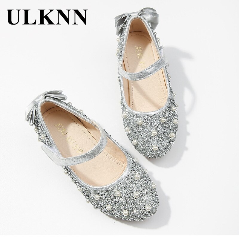 ULKNN Kids Shoes Girls Rhinestone Princess Shoes Child's Leather Show Crystal High-heeled Children's Shoes Pink