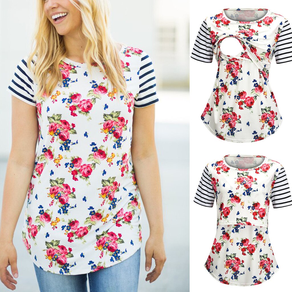 Umstandsbluse damen lockere lässige kurze kleidung übergröße umstandsblusen streifendruck blumenmuster zum stillen bluse  y924