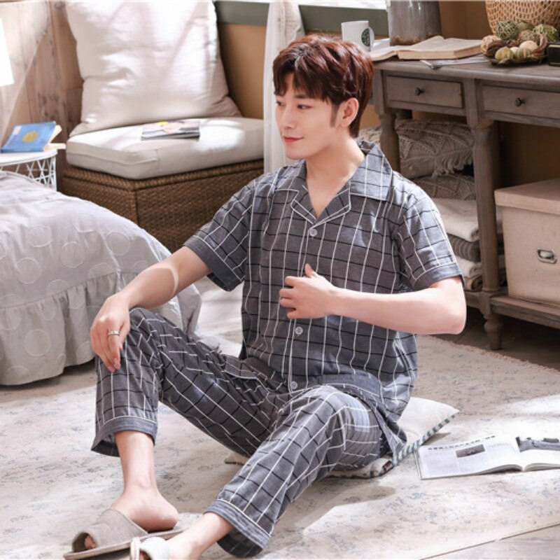 de pijamas sexis para hombre, vestido de noche con solapa de algodón y manga corta con estampado de popa de dormir a rayas