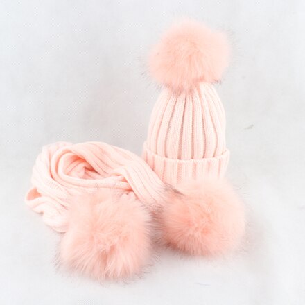 HEALCOLD Jungen Mädchen Hütte Schal einstellen freundlicher Pelz Bommel Mützen Schal Winter Schal Hütte Für freundlicher: Rosa Hut Rosa Fell