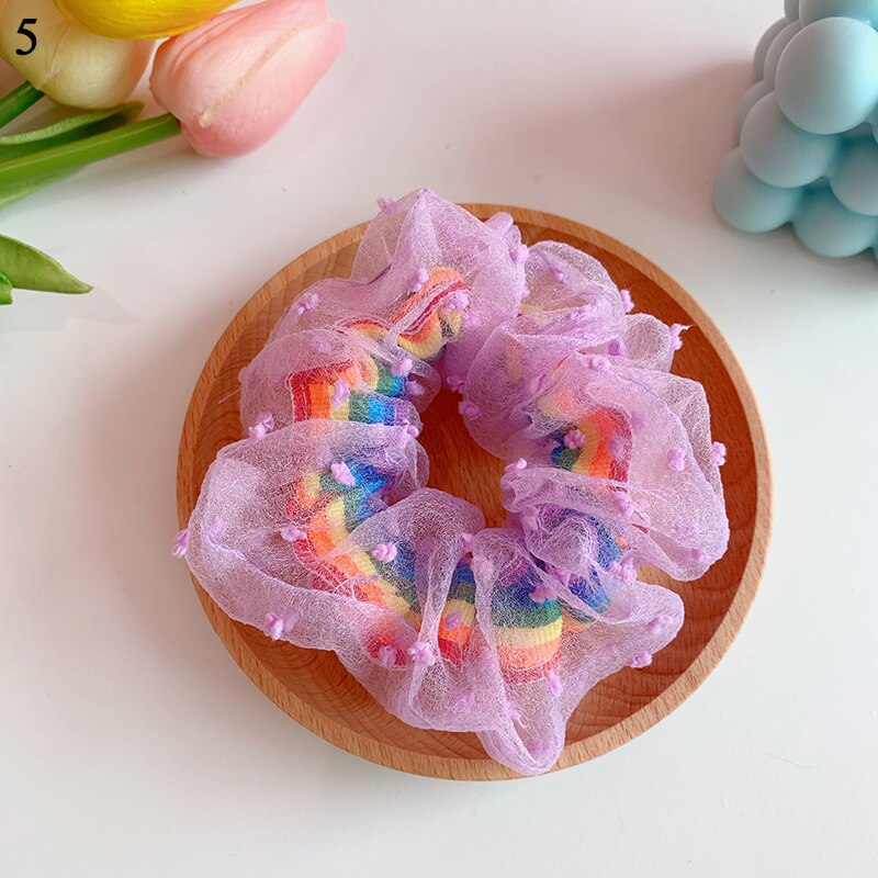 Corea mujeres elástico Kawaii bandas de encaje para el cabello Tie Girls Mesh Scrunchie coleta transparente Arco Iris accesorios para el cabello Headwe: 5