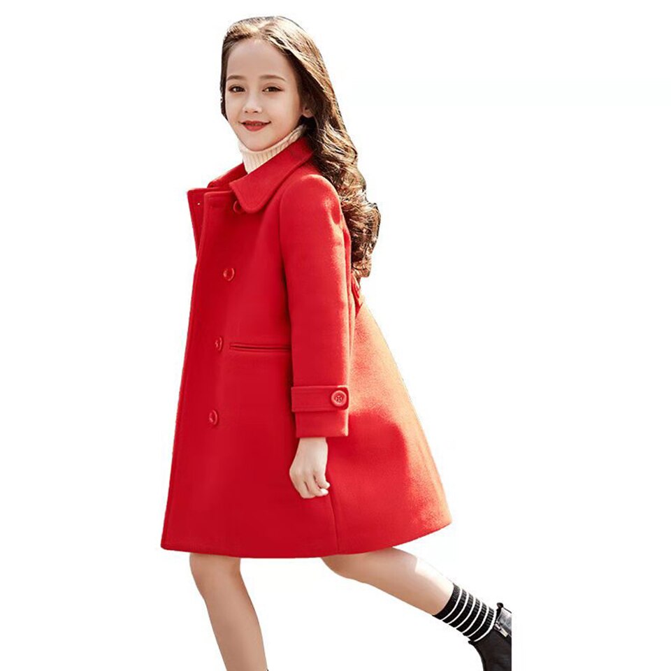 Red Color Clothes 6-13 Yrs Girls Autumn Winter Thicken Girl Coat Children Clothes Warm Girl Woollen Jackets Outwear