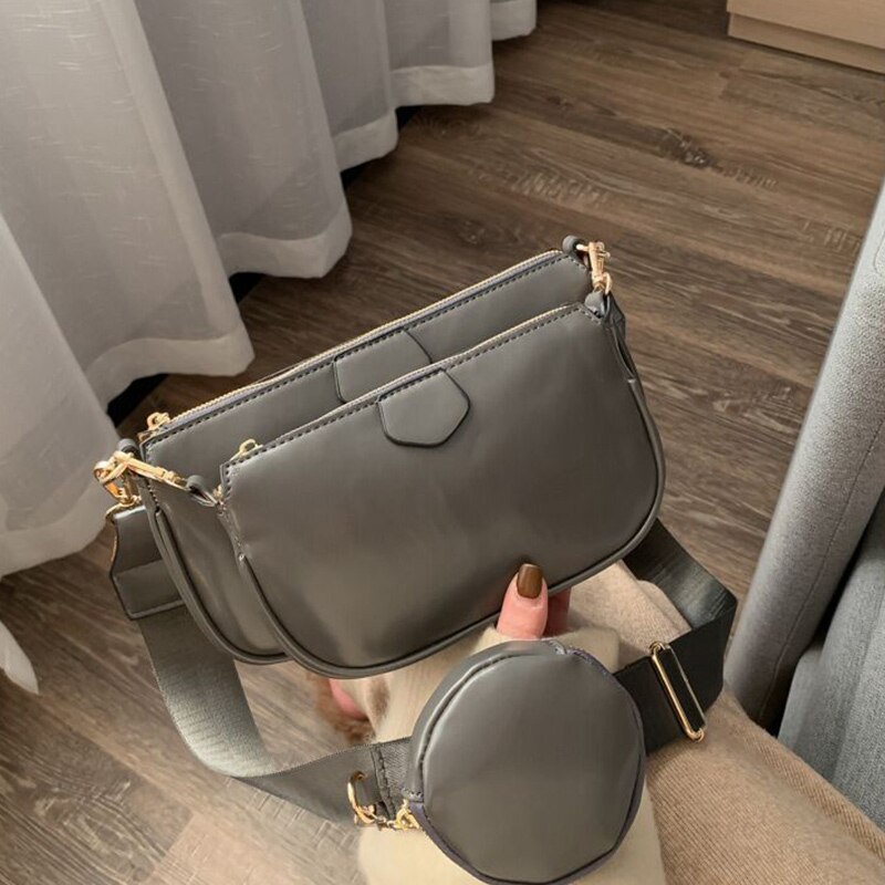 Messenger Shoulder Bags For Women With Wide Strap 3 Bags/set Female Pu Leather Handbag Purse Cross Body Bag: Grey