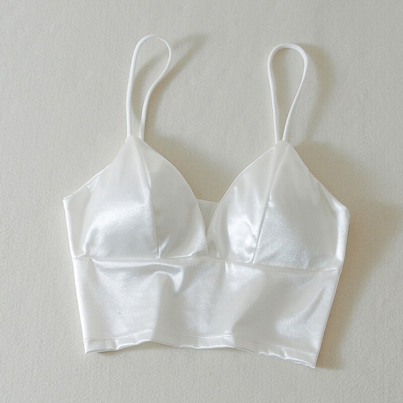 Sexy Satijnen Crop Tops Vrouwen Draadloze Bralette Gehaakte Top Vrouwelijke Spaghetti Band T-shirt Cropped Met Borst Padded Hemdje Camis: WHITE