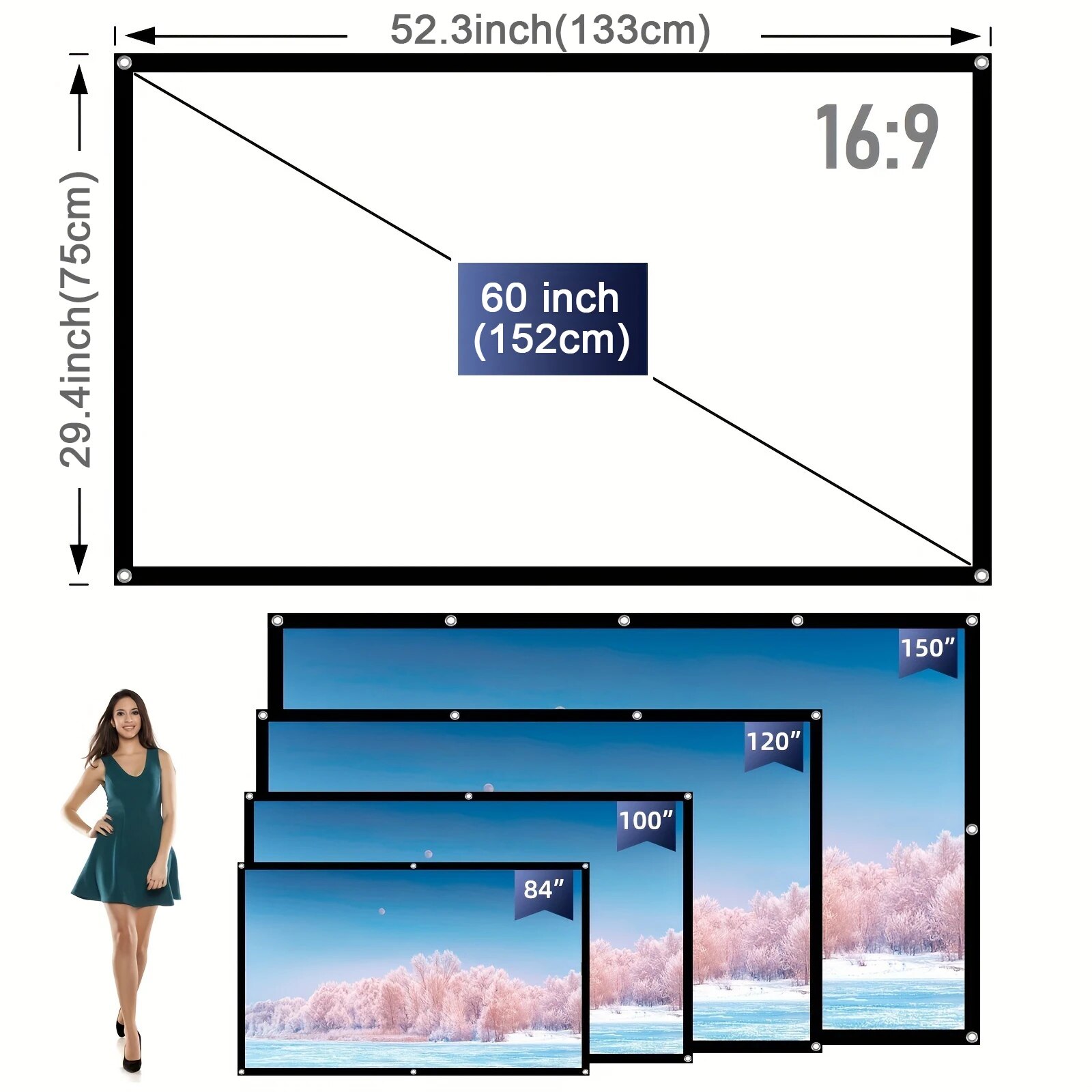 60 72 100 120 150 Inch 16:9 Portable Wrinkle Free Lightweight Projector Screen Home Outdoor Front Rear Projection Curtain Fabric: 60 inch