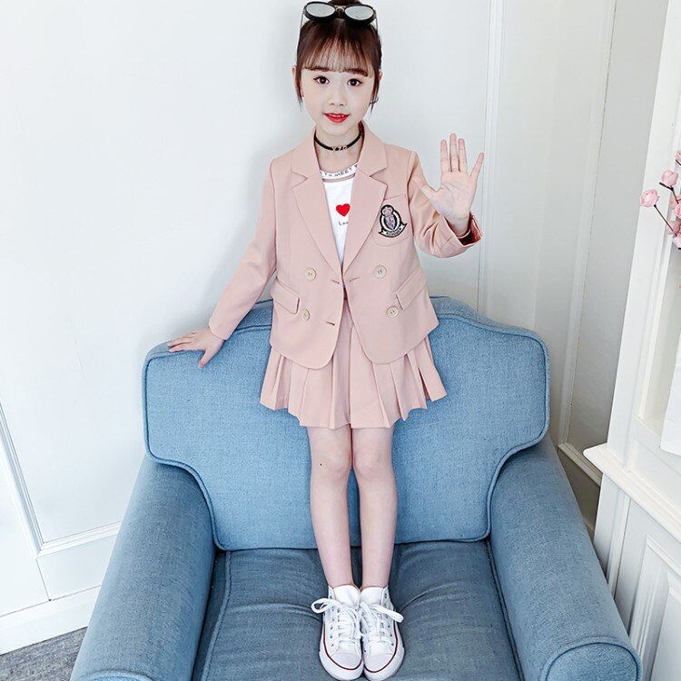 Spring Girls Cute Pink Blazer Suit Campus Style Two-piece Children&#39;s Korean Western Style All-match Cotton Suit Skirt LB252: 8-9T