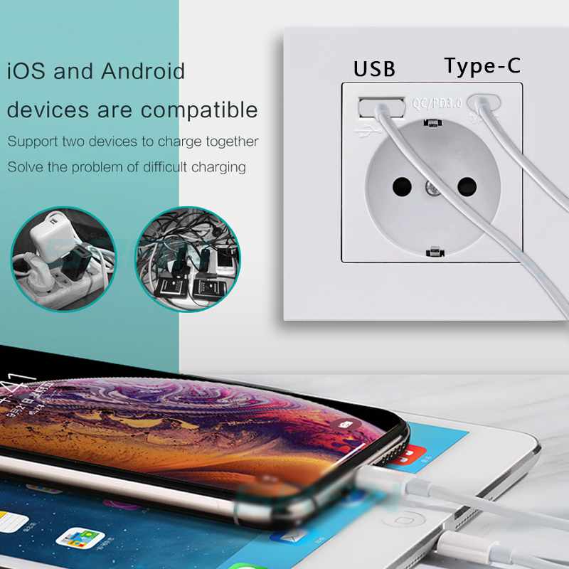 USB Type C Pop Socket French | German Electrical Plug White Panel Wall Power Socket Russian, 2100mA USB-C Fast Charging Outlet