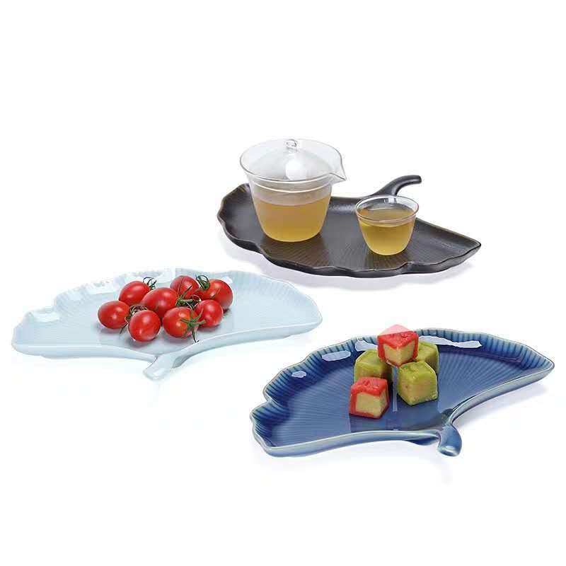 Chinese Eenvoudige Keramische Ginkgo Blad Reliëf Fruitschaal Gedroogd Fruit Dessert Pot Dienblad Thee Dienblad Restaurant Club Thee Cake Tray