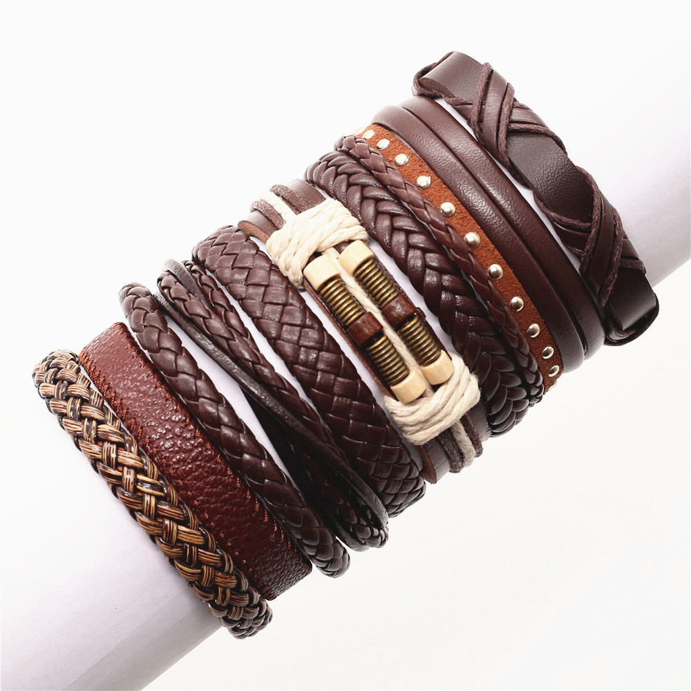 10 pz/impostato intrecciato bracciali in pelle da uomo per donna Vintage ▾ croce parole fascino etnico femminile multistrato avvolgere braccialetti tribali: Bruno-rossastro