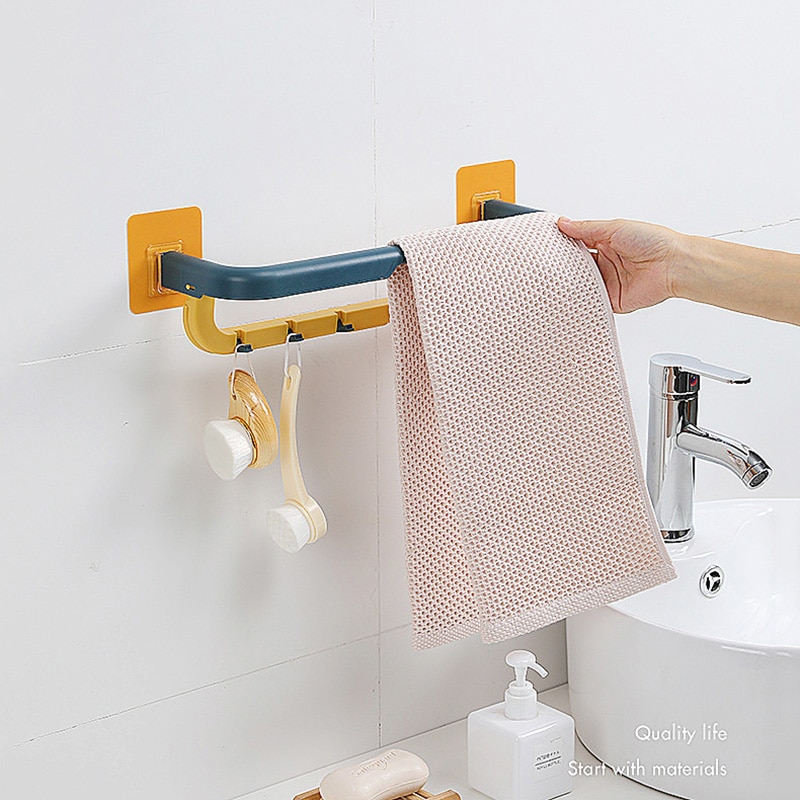 Selvklæbende håndklædestativ vægmonteret håndklædestang badeværelse håndklædestang hyldeholder 2 lag kroge badeværelsesarrangør