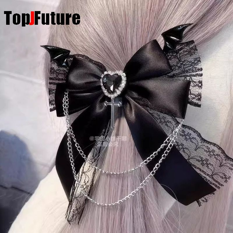 Gothic dark punk Subculture Abi y2k Millennium Girl lovely Little Devil cross Pendant Chain Lace hairgrips Hairpin clip : black