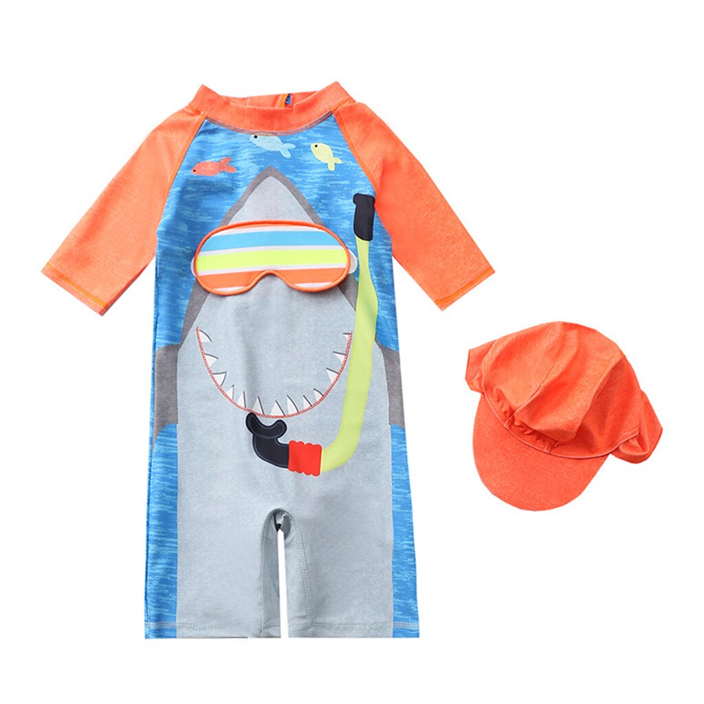 Swimsuit Child Summer Beachwear Cartoons Round Neck Girl Boy Long Sleeve Bathing Pool Beach Swimwear+Sun Protection Cap Outfit