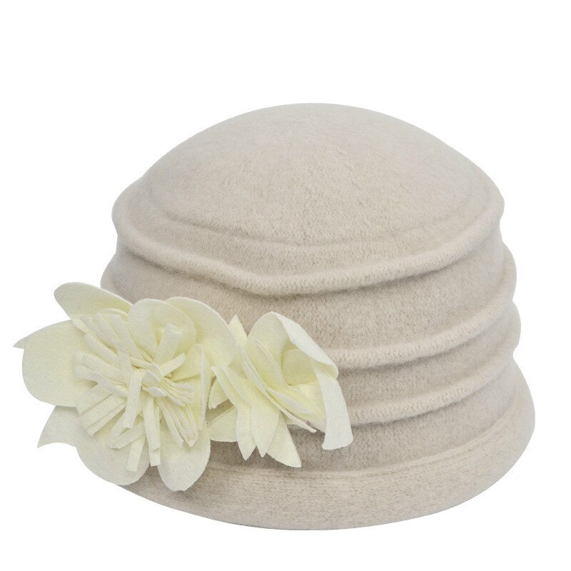 Winter Vintage Cloche Bucket Cap Women's Fedora Hat Ladies Wool Flower Hat Woman Party Headwear Chapeau Femme: milky White